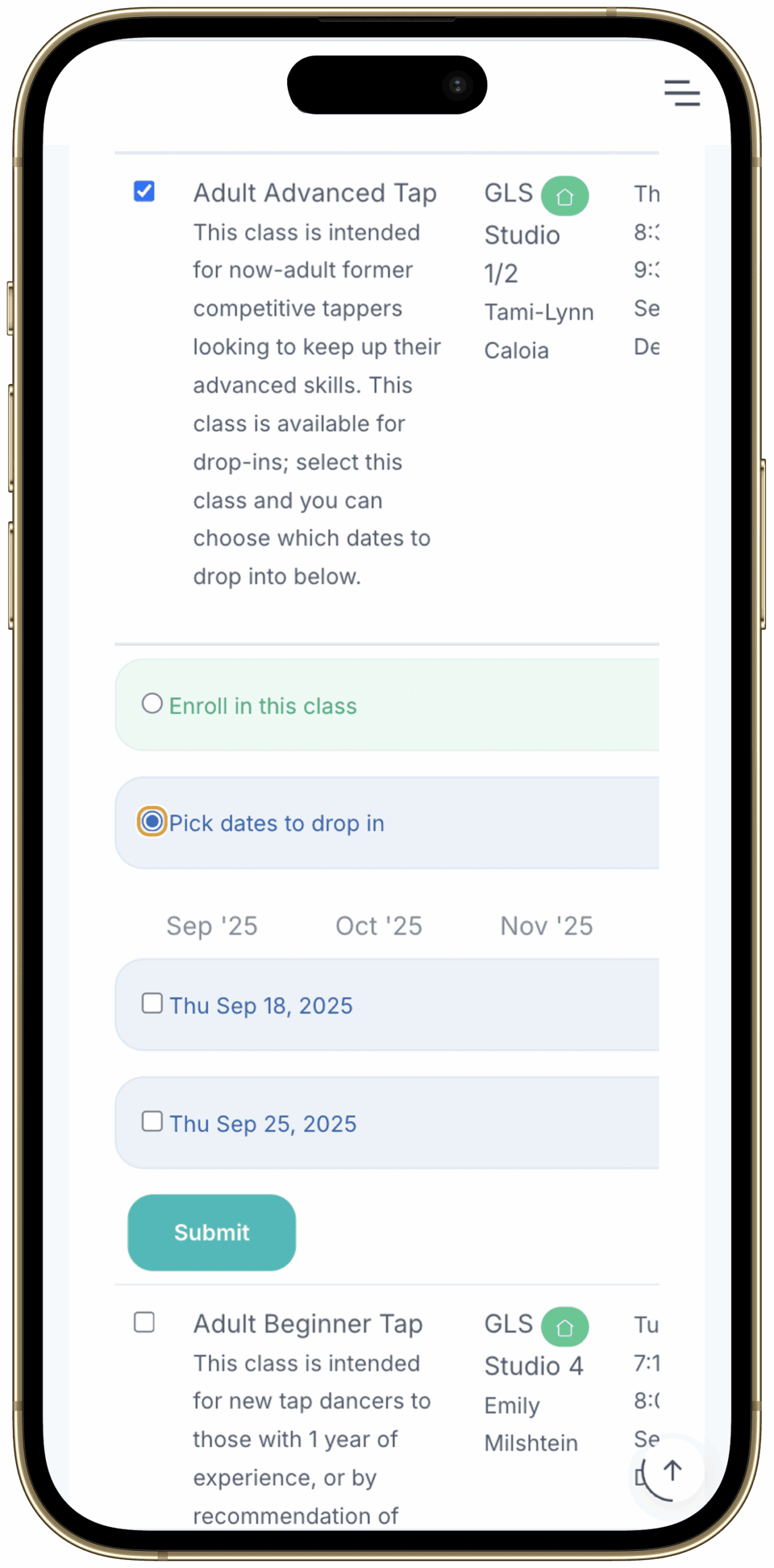 Greta Leeming Dance - iPhone mockup adult drop-in in parent portal final